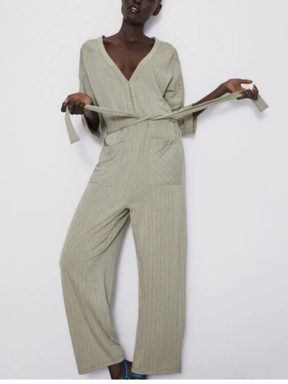 Zara Ribbed V-Neck Wide-Leg Jumpsuit in Light Sage